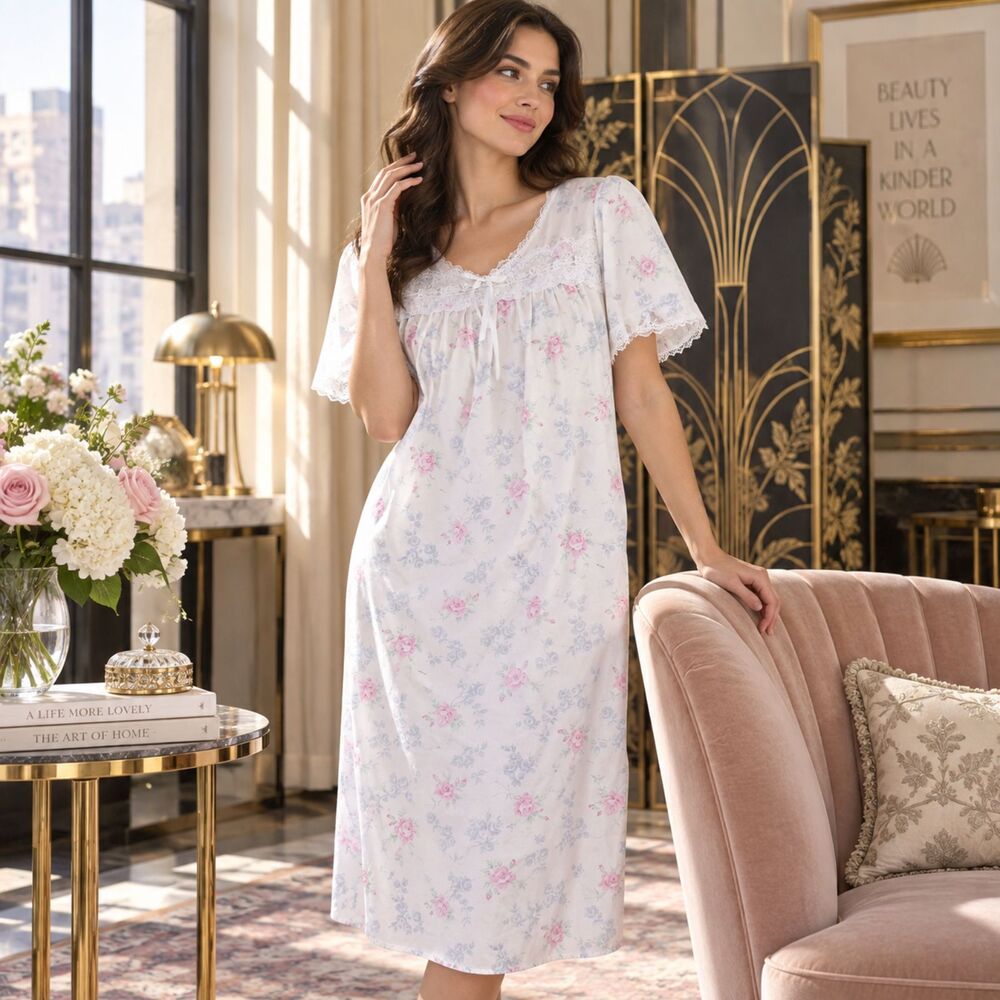 Vintage Floral Nightgown Cottagecore Pink Blue Rose Lace Trim Short Sleeve Sleep